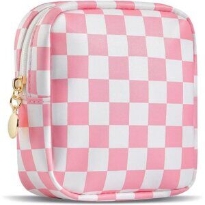 Small pink checkered makeup bag mini cosmetic pouch travel toiletry organizer